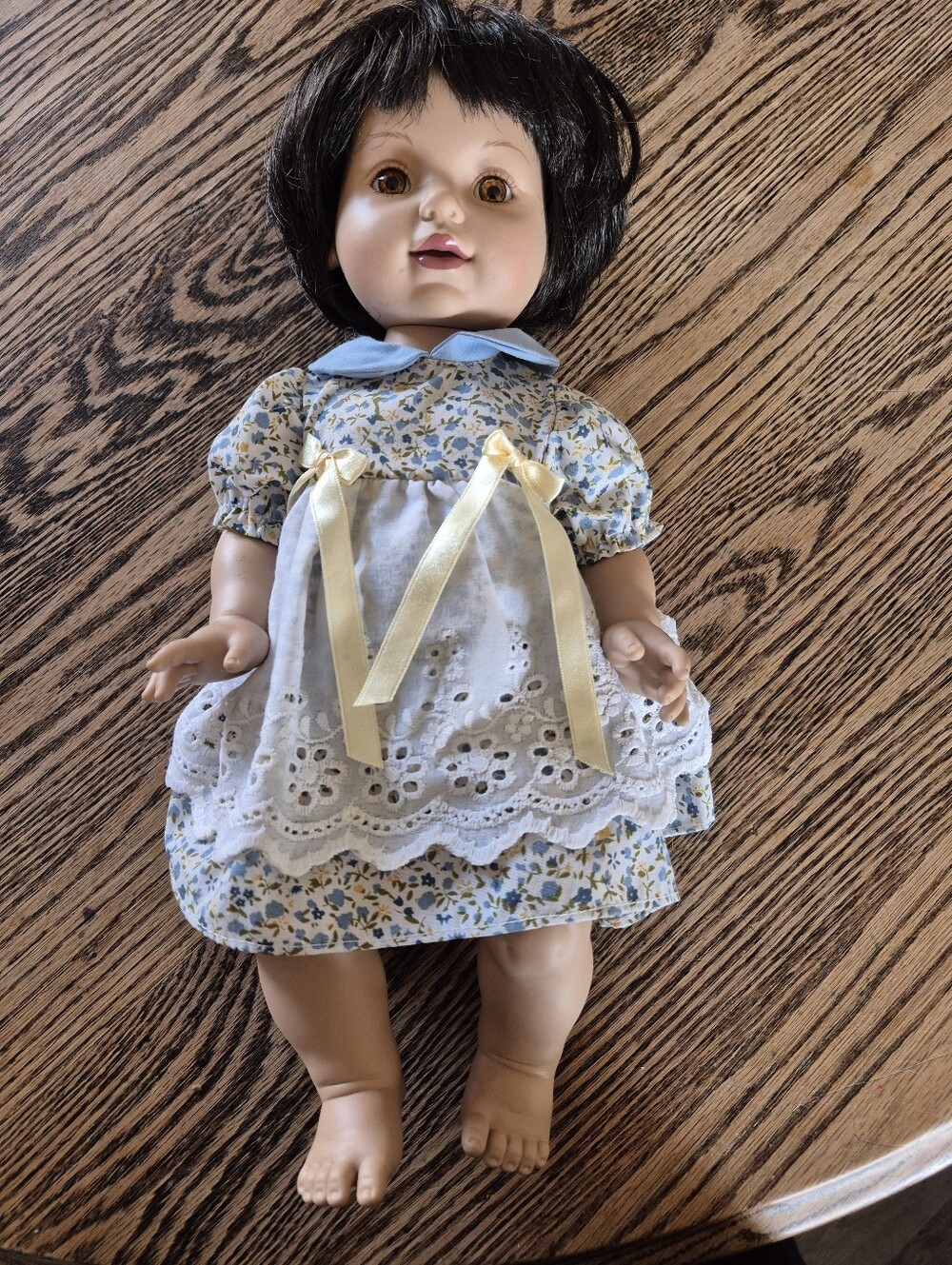 Baby So Beautiful 1990's Blue Floral Baby Doll with Lace Dress